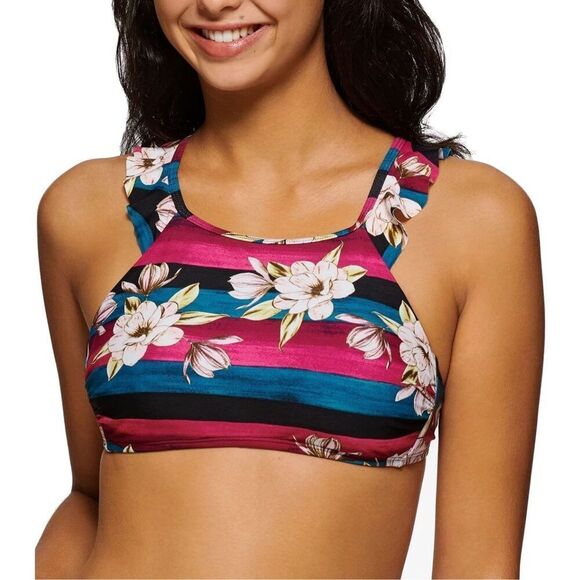 Hula Honey Floral Ruffled High Neck Bikini Swim Top Pink Size Small NWT - Picture 1 of 13